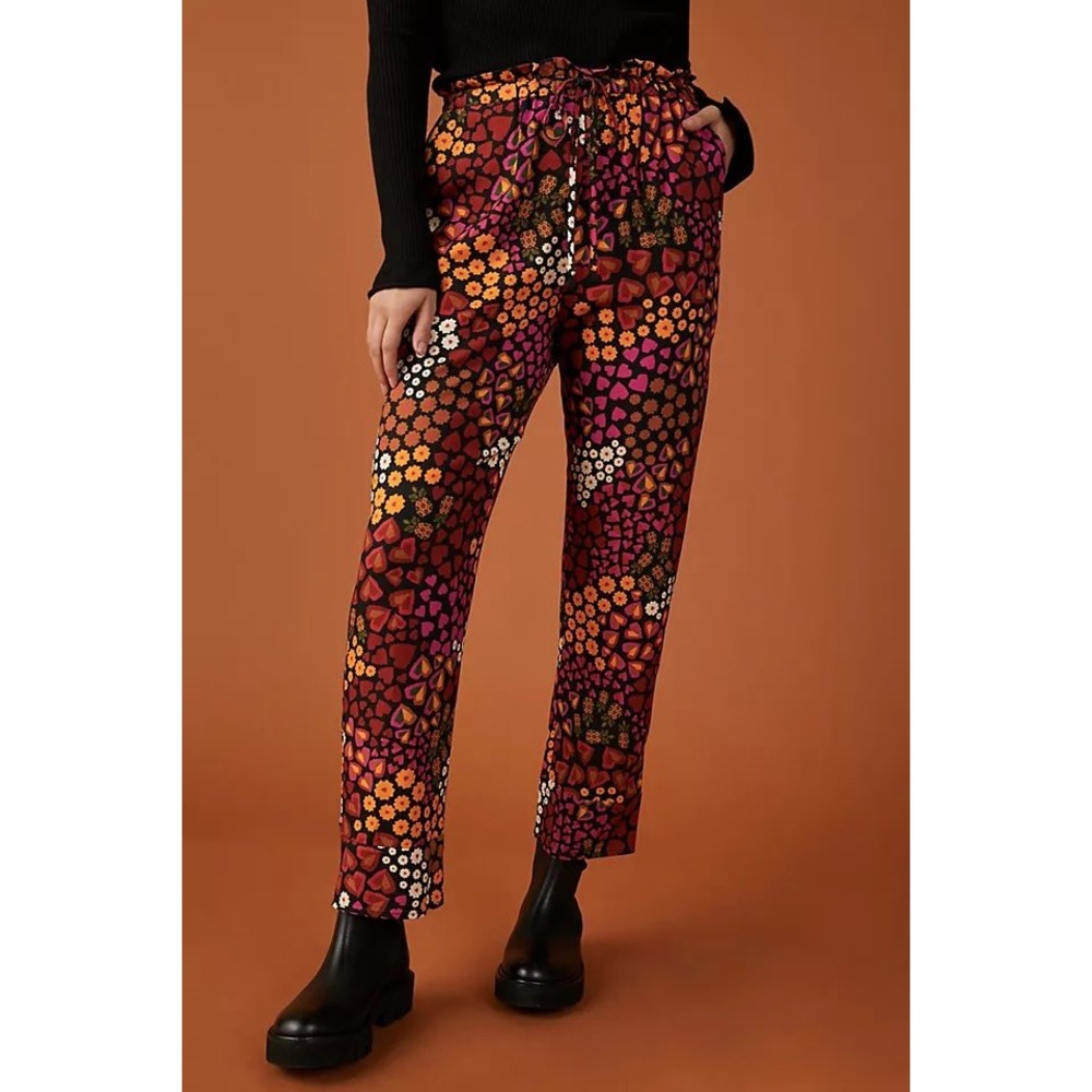 Farm Rio for Anthropologie Heart Floral Pineapple Paperbag Waist Pants Small